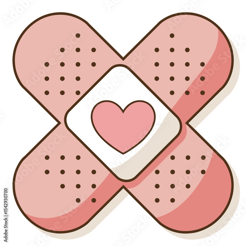 watercolor illustration of crossed bandages, artistic watercolor depiction of two crossed adhesive bandages in soft pink tones