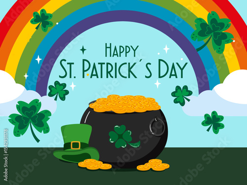 st patrick's day illustration on march 17 golden coins green hat beer shamrocks style cartoon background happy clipart