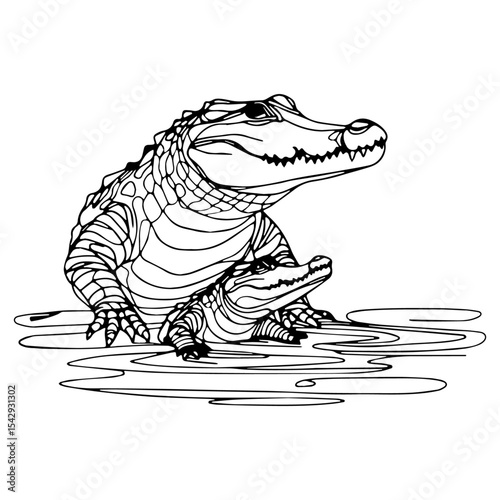 Alligator Mother and Baby Line Art