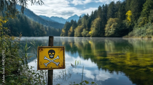 A poisoned lake with a skull-and-crossbones warning sign, warning people to stay away from the toxic water 