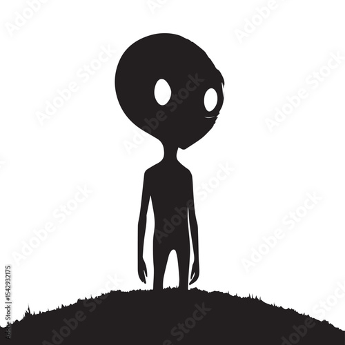 Silhouette of a grey alien on a hilltop at dawn