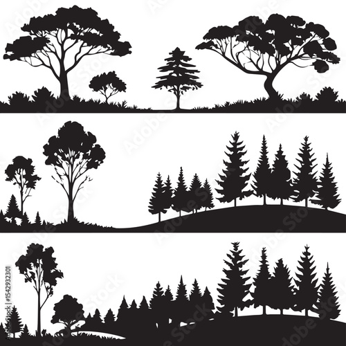 Silhouette collection of trees and landscapes