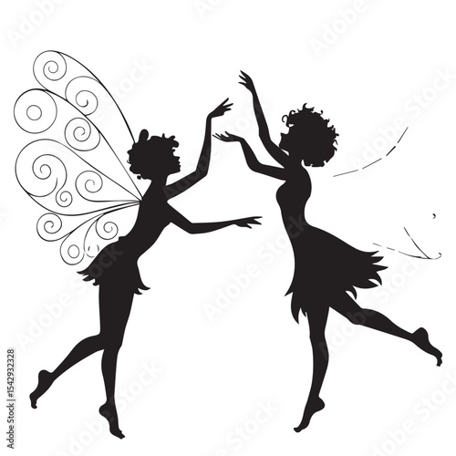 Two silhouettes of fairies dancing gracefully