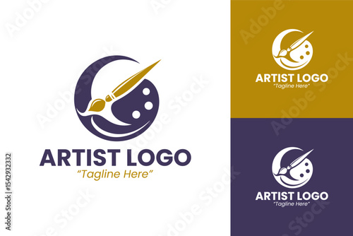Creative Artist Logo with Brush and Palette for Artistic Branding in Purple and Gold