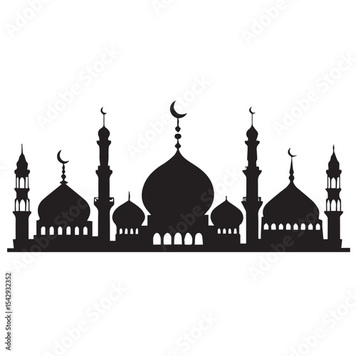 Black silhouette of a mosque with minarets and domes