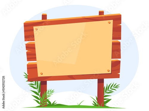 Wooden bulletin board with clear yellow paper. Outdoor signboard. Empty page attached at wood signage. Road timber pointer. Hardwood guidepost. Game panel. Vector old street banner frame