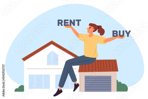 Woman chooses between renting and buying house. Rental apartment selection. Home owner. Building choice dilemma. Real estate investment. Buyer thinking about mortgage. Vector concept