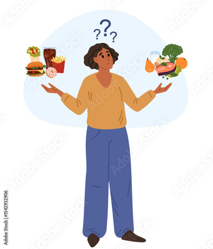 Thoughtful fat woman chooses between healthy and unhealthy eating habits. Choice dilemma. Diet comparison. Confused girl thinking about nutrition question. Pensive female. Vector concept