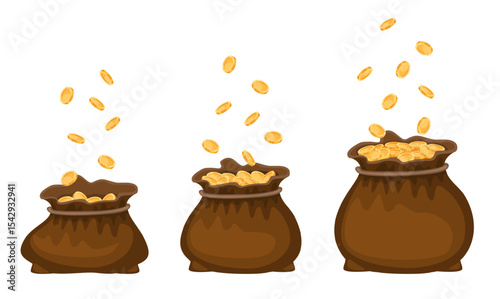 Stages filling cloth bag with gold coins. Ancient treasure sack. Medieval pouch. Wealth in pocket. Full moneybag. Economy profit pack. Financial success. Money earning steps vector set