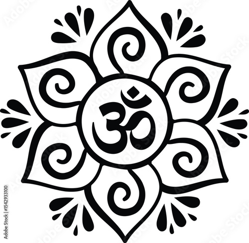 An elegant Om symbol nestled within a lotus flower radiating peace and spirituality in a black and white minimalist line