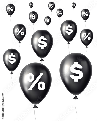 Inflation percent signs. Crisis or rising interest rates. Black inflatable balloons with dollar icons. 3D inflated balls fly. Economy recession. Money costs decrease. Vector concept