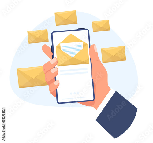 Hand holds mobile smartphone with messages on screen. Letter envelope send and receive. Online mailing. Phone email technology. SMS notification. Cellphone app display. Vector concept