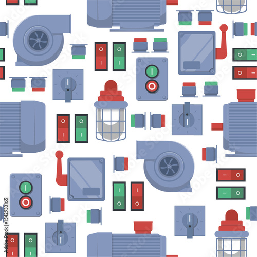 Electrical mechanisms seamless pattern. Motor equipment. Lever switch. Engine buttons. Repeated print. Industrial fan and lamp. Compressor technology. Machinery toggle. Vector background