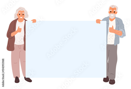 Elderly man and woman hold blank banner in hand for text. Senior couple standing with placard. Activists showing rectangular billboard. Grandparents presenting poster. Vector background