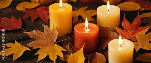 Lit candles in autumn colors, surrounded by vibrant fall leaves, creating a warm, cozy, and festive atmosphere. AI generated.
