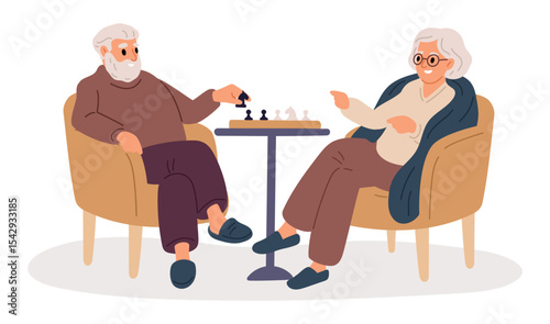 Elderly couple playing chess. Grandparents spend time together. Family at chessboard. Pensioners hobby. Retired people sitting at table with intellectual board game. Vector concept