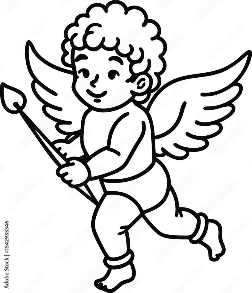Fototapeta premium Cute Cupid Outline Cartoon Character with Bow and Arrow for Valentines
