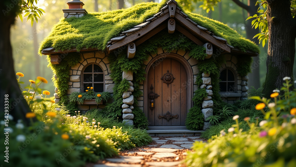 Fototapeta premium Picturesque Stone Storybook Cottage with Lush Green Moss Roof and Rustic Wooden Door, Surrounded by Wildflowers and Verdant Foliage in an Enchanted Forest bathed in Golden Sunlight, Perfect for Fantas