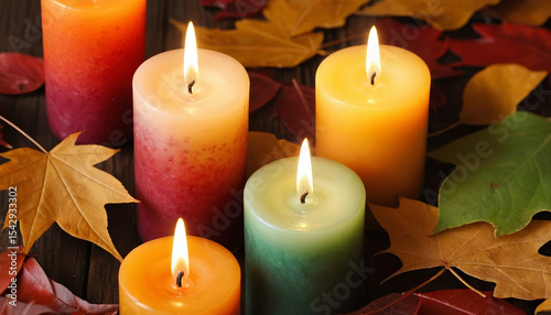 Lit candles in autumn colors, surrounded by vibrant fall leaves, creating a warm, cozy, and festive atmosphere. AI generated.
