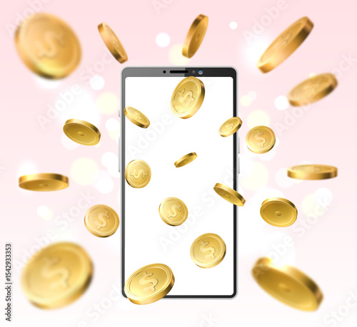 Coins fly out of cell phone screen. Investment success. Smartphone blank display. Gold money motion. 3D mobile touchscreen. Lottery winning. Financial profit. Victory tokens. Vector concept