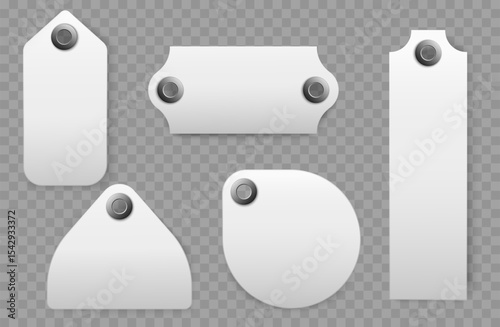Clean realistic labels. Clothing tags. Advertising discount. Sale 3D stickers mockup. Fabric badges attached with button. Shopping offer. Plastic board branding. Vector blank patches set