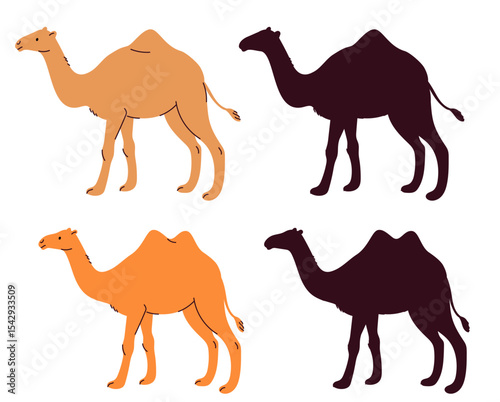 Camel with one or two humps on back silhouette. Dromedary dromedary. Arabic travel and transportation. Sahara journey. Wild and domestic mammal. Desert animal icon. Vector logo set