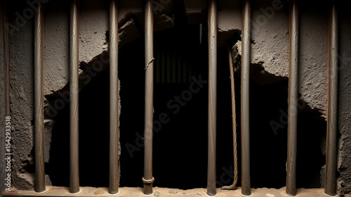 Prison cell with broken old prison bars on black background, way out to freedom