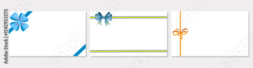 Blank gift card templates with colorful bows. Satin ribbons. Decorative lace frame. Birthday present. Holiday bands. Anniversary celebration postcard design. Festive borders vector set