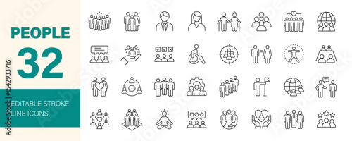 People icon set. Containing group, family, human, team, community, friends, senior, diversity, population, disabled, equal and more. Editable line icons. Vector illustration.