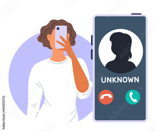 Anonymous woman hides behind smartphone with unrecognizable profile. Unidentified incoming caller. Telephone communication. Number identification. Stranger connection. Vector concept