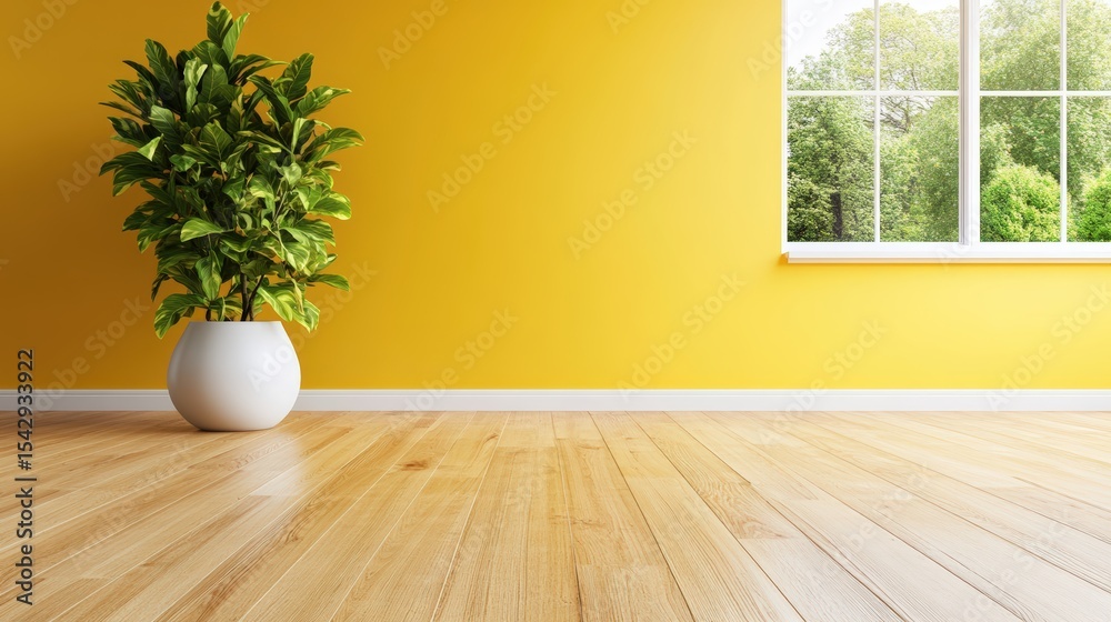 Bright empty room with yellow walls hardwood floor and large window overlooking green landscape Bright empty room with yellow walls hardwood floor and large window overlooking green landscape
