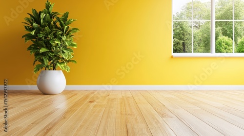 Bright empty room with yellow walls hardwood floor and large window overlooking green landscape