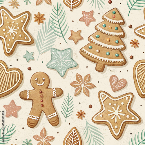 Vector seamless Gingerbread cookies background in soft browns and pastel icing colors, playful and cozy evoking holiday sweetness  
