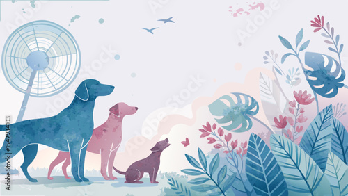 Vector dog silhouettes background in soft pastel blues and pinks with abstract cooling fans and shades, conveying warmth and comfort with copy space  