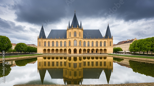 Reflective Architecture of Temple Neuf in Metz, France Amidst a Cloudy Day in Lorraine