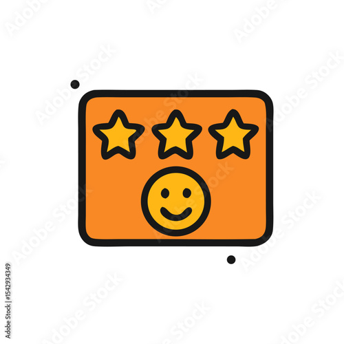 An orange rectangle with three stars and a smiling face, representing positive feedback.
