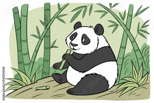  Cute Panda Eating Bamboo in Forest Cartoon