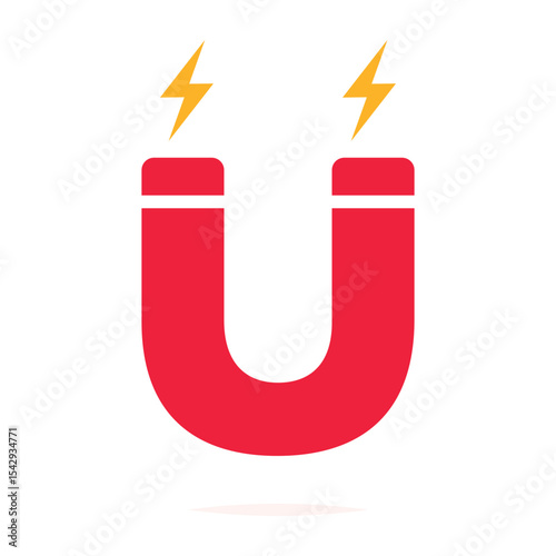 Red horseshoe magnet icon on white. Magnetic power, U shaped magnet symbol. Magnetism, attraction concept.
