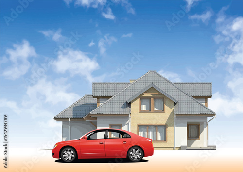 035-46-Red car parked near a modern house with a gray tiled roof under a bright blue sky with clouds, representing real estate and property ownership