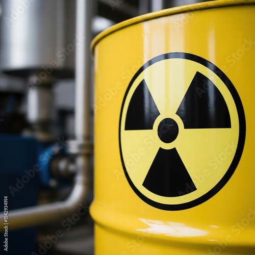 A yellow barrel with a black radiation symbol prominently displayed on its side, in an industrial setting.
