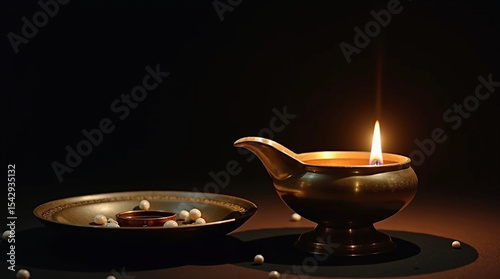 Illuminated diya lamp with pearls on a dark background