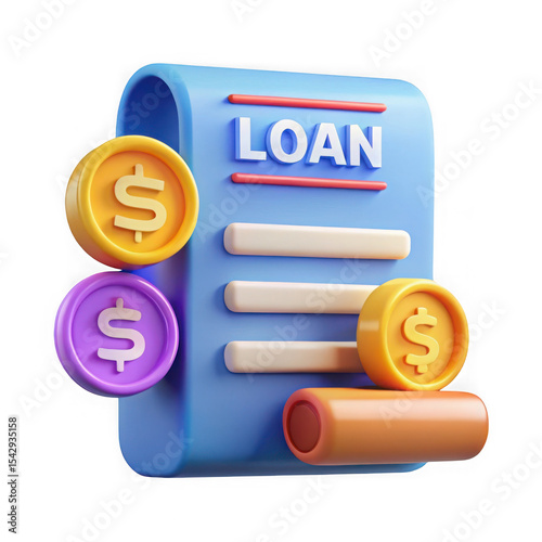 3d realistic loan document with coins isolated on transparent background