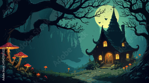 Baba Yaga's Enchanted Forest Vector, eerie yet ornate backdrop with Baba Yaga's hut on chicken legs hidden among twisted black trees, glowing mushrooms and ghostly fog with copy space  