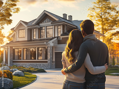 Couple admiring their new dream house at sunset