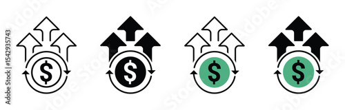 Dollar rate increase  icon set. Rise cost, Business money cash increase signs set , vector illustration.
