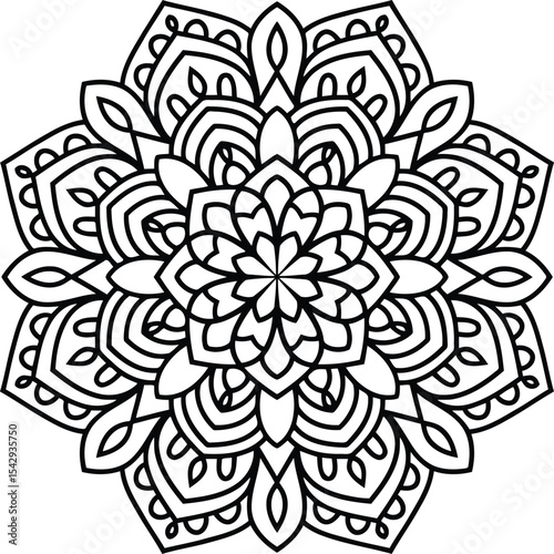 A detailed black and white floral mandala radiating peace and harmony through intricate geometric patterns perfect for