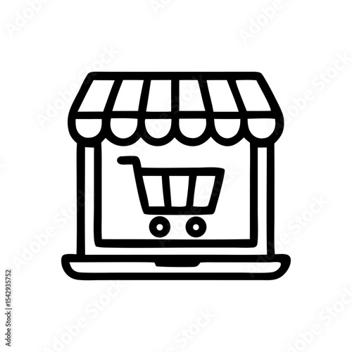 A laptop screen displaying an online store with a shopping cart icon.