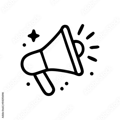 A stylized megaphone icon with radiating lines and stars, emphasizing announcement or promotion.