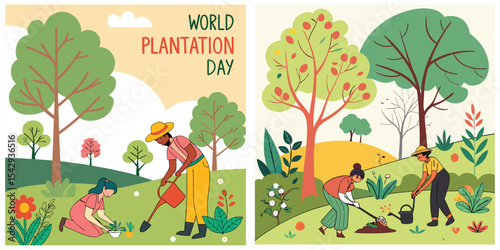 World Plantation Day illustration of people gardening and planting trees