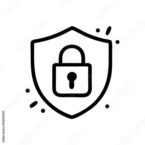 A black and white line art illustration of a shield with a padlock in the center, representing security or protection.